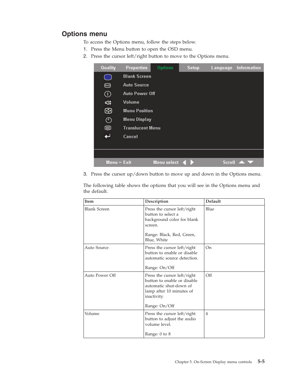Options menu, Options, Menu | IBM Partner Pavilion PROJECTOR E400 User Manual | Page 35 / 76