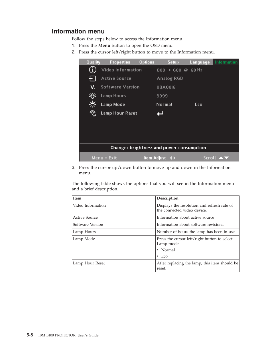 Information menu, Information, Menu | IBM Partner Pavilion PROJECTOR E400 User Manual | Page 38 / 76