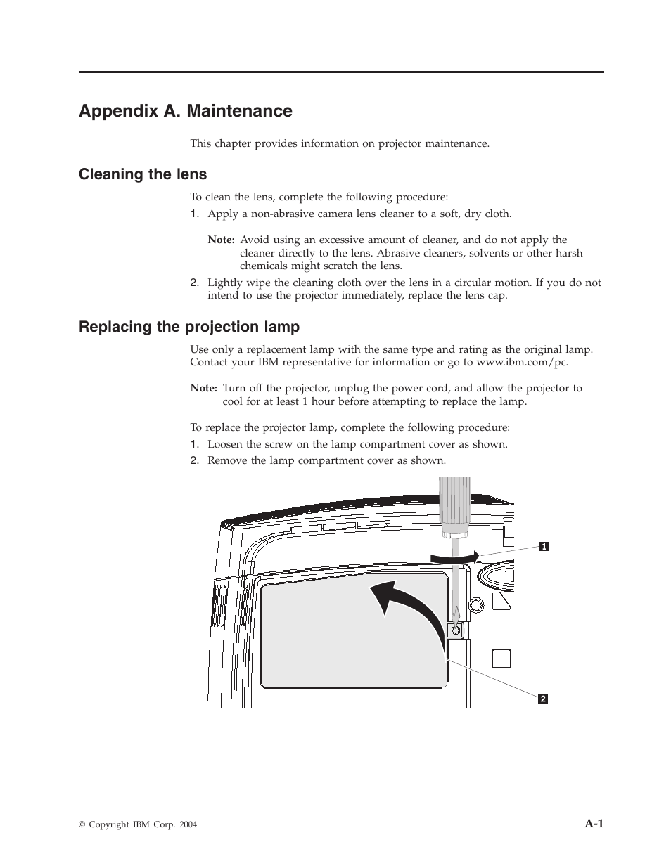Appendix a. maintenance, Cleaning the lens, Replacing the projection lamp | Appendix, Maintenance, Cleaning, Lens, Replacing, Projection, Lamp | IBM Partner Pavilion PROJECTOR E400 User Manual | Page 39 / 76