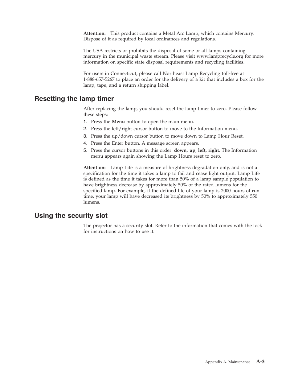 Resetting the lamp timer, Using the security slot, Resetting | Lamp, Timer, Using, Security, Slot | IBM Partner Pavilion PROJECTOR E400 User Manual | Page 41 / 76