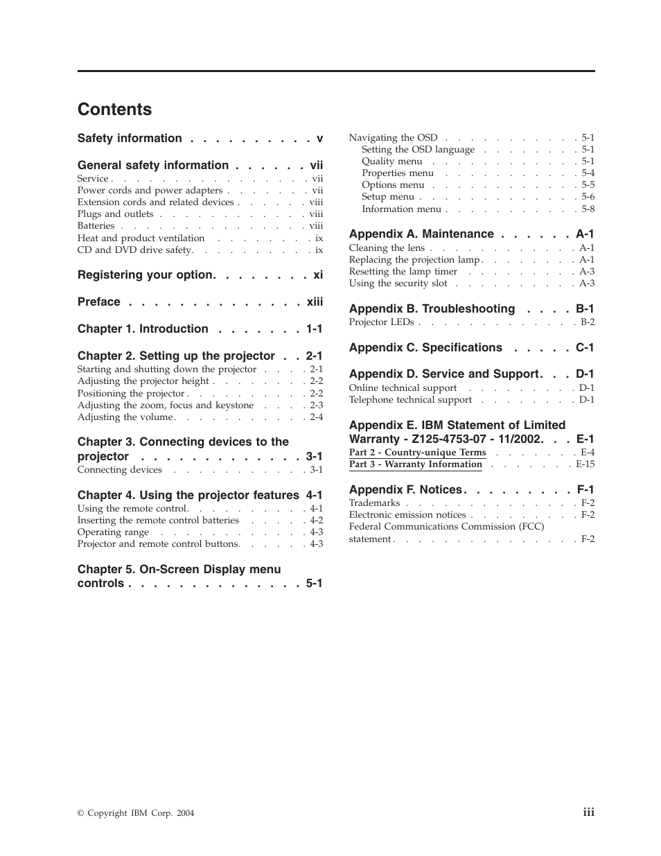 IBM Partner Pavilion PROJECTOR E400 User Manual | Page 5 / 76