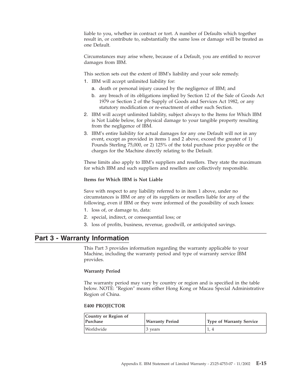 Part 3 - warranty information, Part, Warranty | Information, E-15 | IBM Partner Pavilion PROJECTOR E400 User Manual | Page 65 / 76