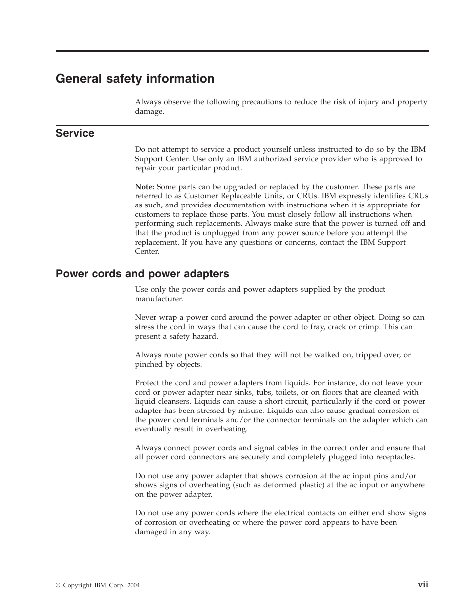 General safety information, Service, Power cords and power adapters | General, Safety, Information, Power, Cords, Adapters | IBM Partner Pavilion PROJECTOR E400 User Manual | Page 9 / 76