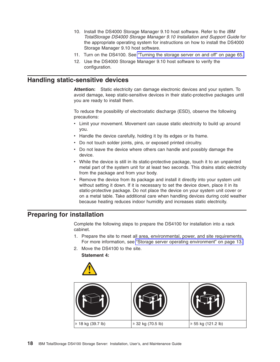 Handling static-sensitive devices, Preparing for installation, Handling | Static-sensitive, Devices, Preparing, Installation | IBM Partner Pavilion DS4100 User Manual | Page 50 / 180