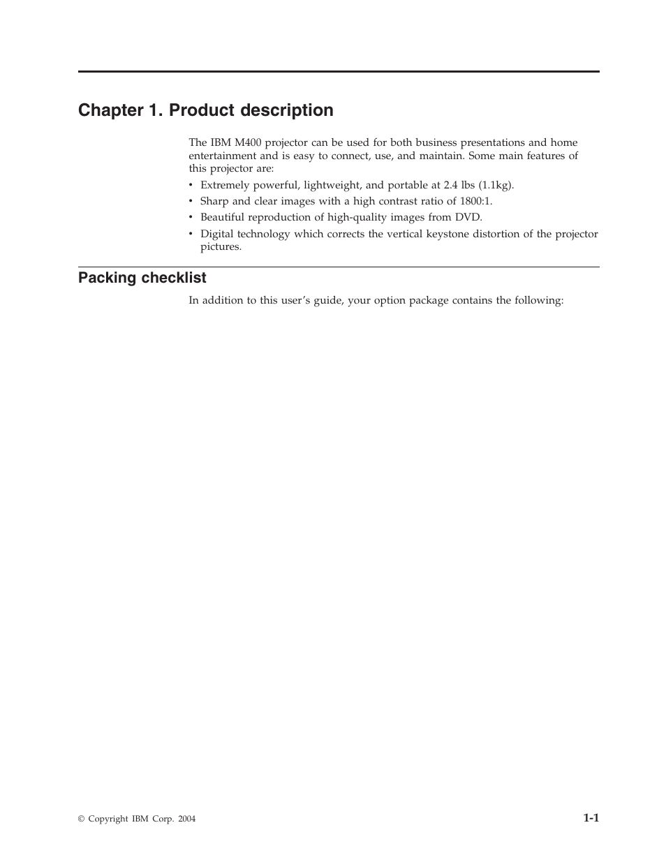 Chapter 1. product description, Packing checklist, Chapter | Product, Description, Packing, Checklist | IBM Partner Pavilion PROJECTOR M400 User Manual | Page 15 / 84