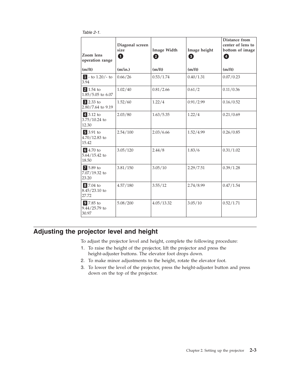 Adjusting the projector level and height, Adjusting, Projector | Level, Height | IBM Partner Pavilion PROJECTOR M400 User Manual | Page 23 / 84