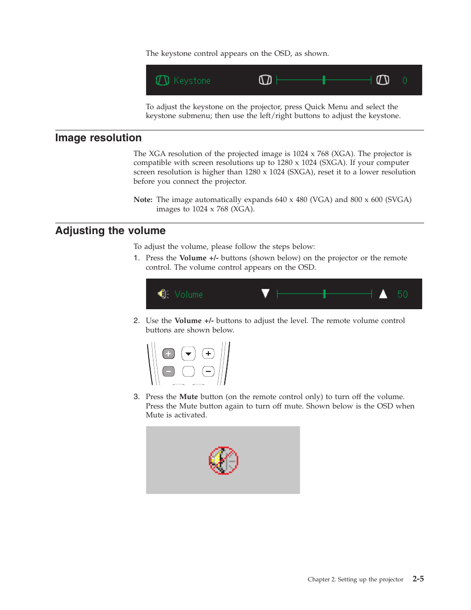 Image resolution, Adjusting the volume, Image | Resolution, Adjusting, Volume | IBM Partner Pavilion PROJECTOR M400 User Manual | Page 25 / 84