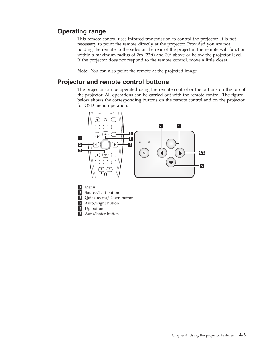 Operating range, Projector and remote control buttons, Operating | Range, Projector, Remote, Control, Buttons | IBM Partner Pavilion PROJECTOR M400 User Manual | Page 31 / 84