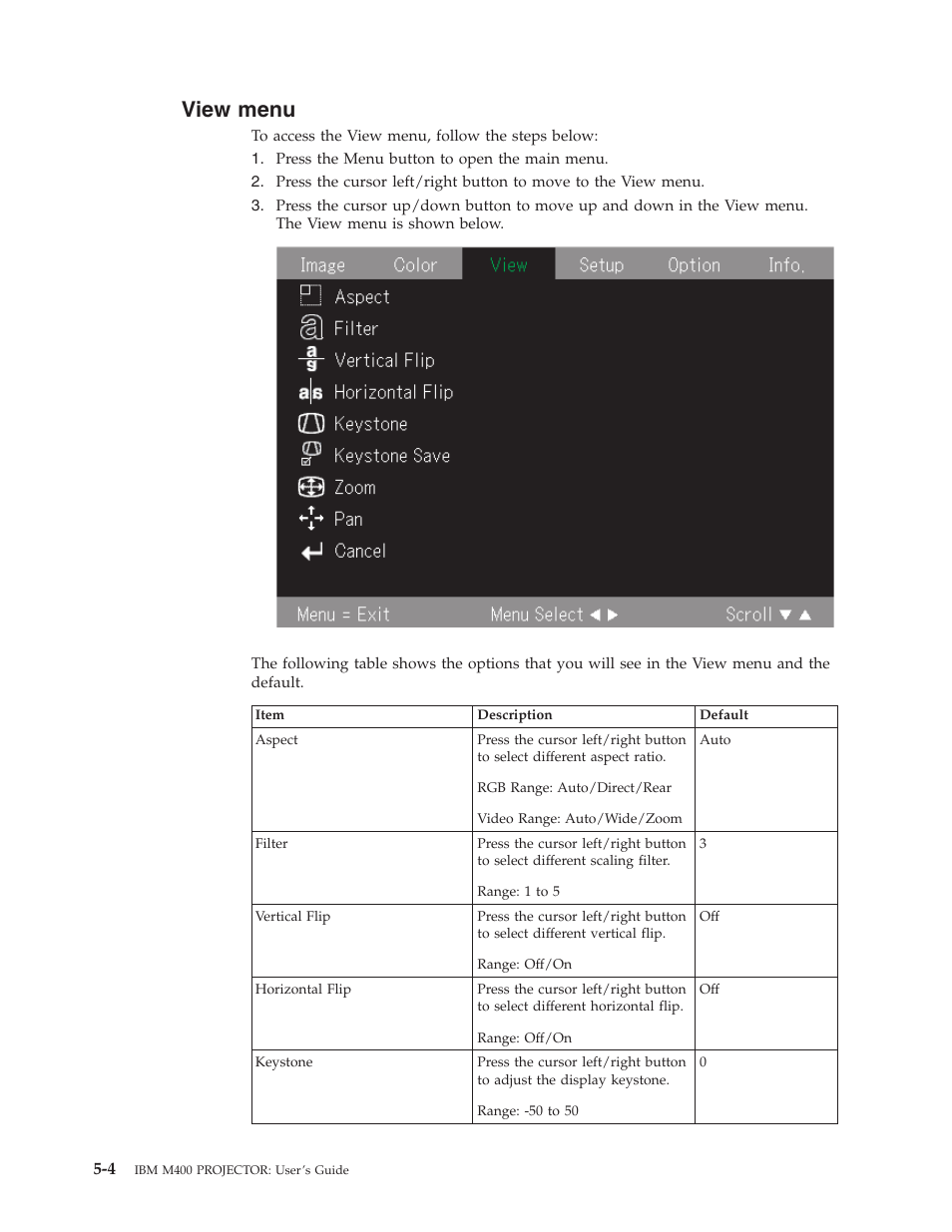 View menu, View, Menu | IBM Partner Pavilion PROJECTOR M400 User Manual | Page 36 / 84