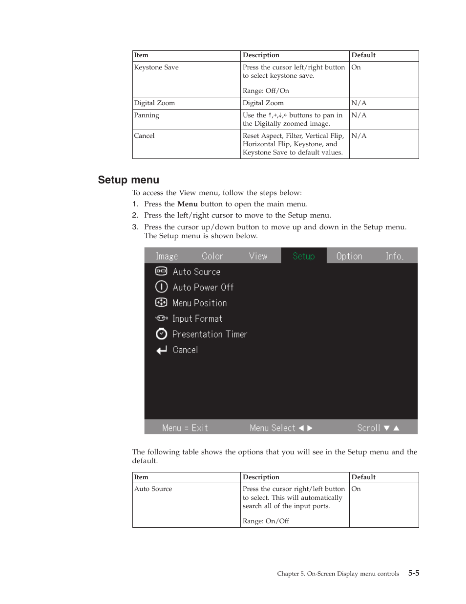 Setup menu, Setup, Menu | IBM Partner Pavilion PROJECTOR M400 User Manual | Page 37 / 84