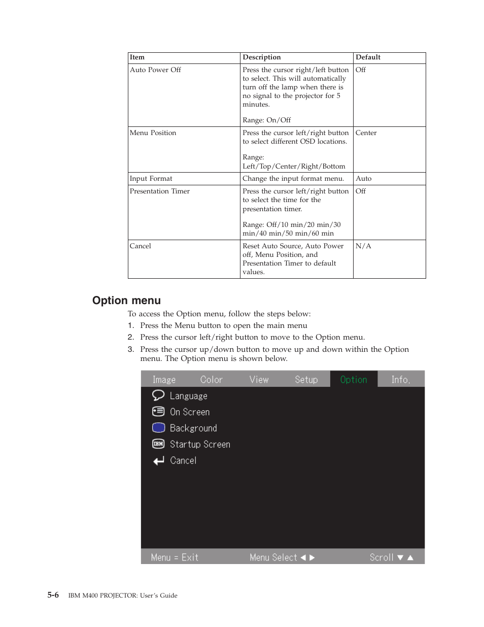 Option menu, Option, Menu | IBM Partner Pavilion PROJECTOR M400 User Manual | Page 38 / 84
