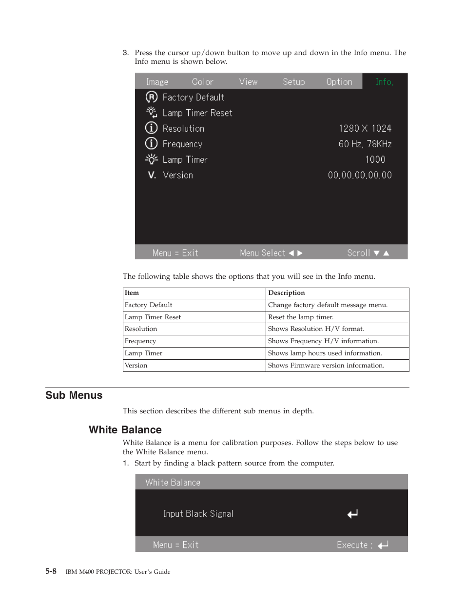 Sub menus, White balance, Menus | White, Balance | IBM Partner Pavilion PROJECTOR M400 User Manual | Page 40 / 84