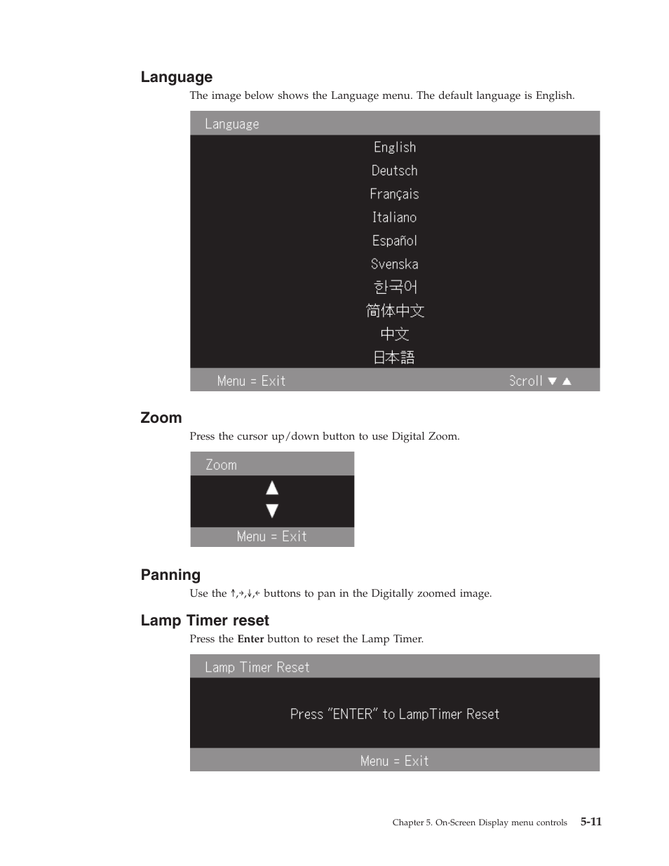 Language, Zoom, Panning | Lamp timer reset, Lamp, Timer, Reset | IBM Partner Pavilion PROJECTOR M400 User Manual | Page 43 / 84