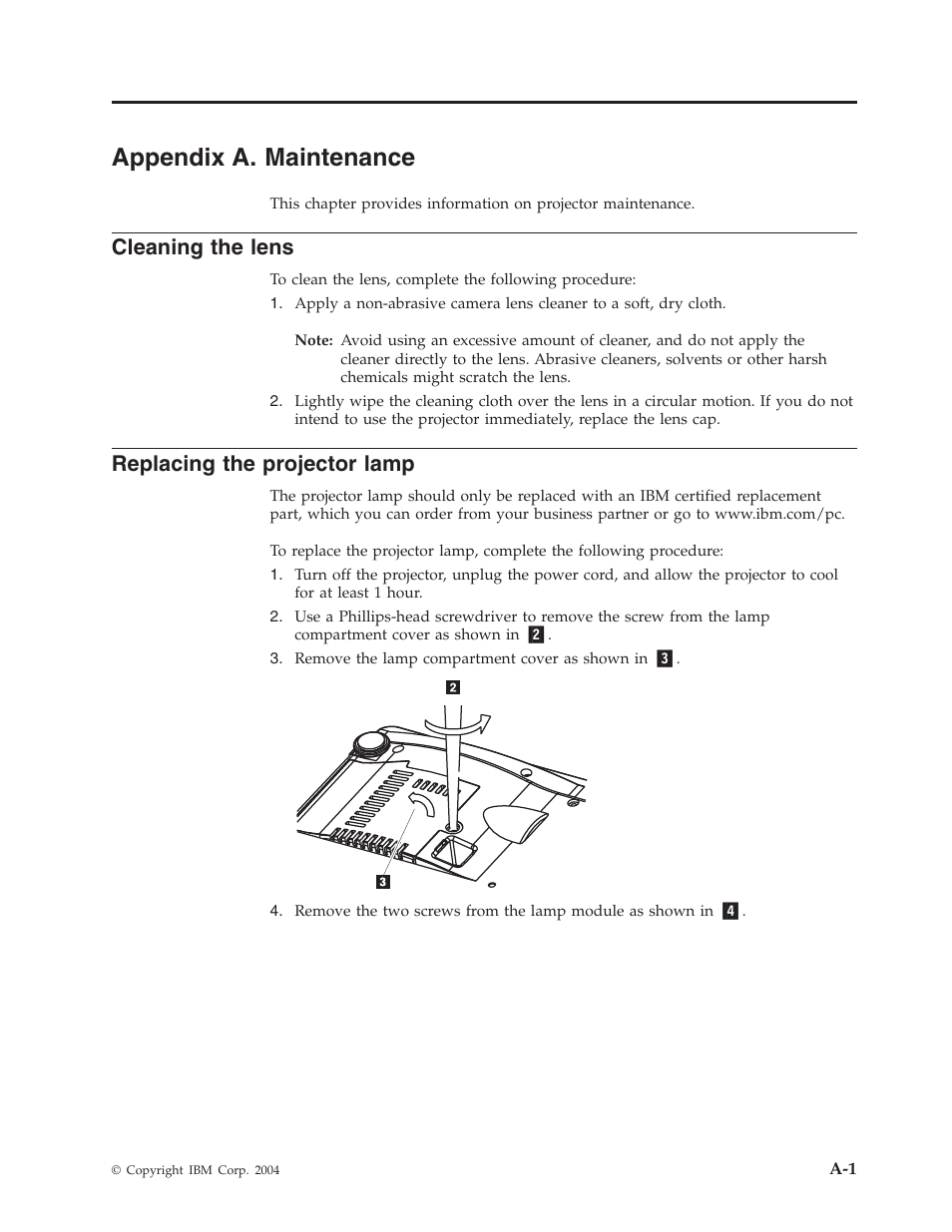 Appendix a. maintenance, Cleaning the lens, Replacing the projector lamp | Appendix, Maintenance, Cleaning, Lens, Replacing, Projector, Lamp | IBM Partner Pavilion PROJECTOR M400 User Manual | Page 47 / 84
