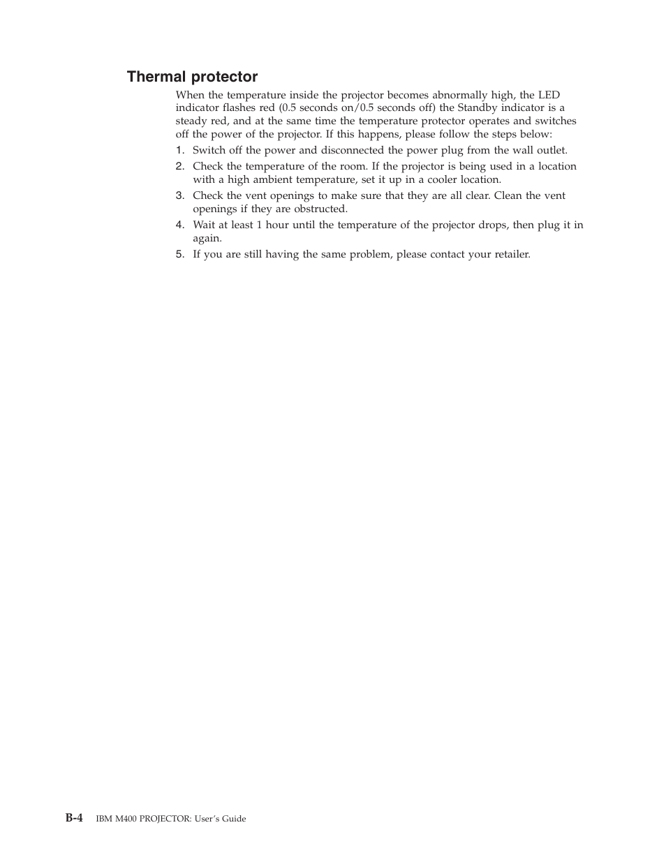 Thermal protector, Thermal, Protector | IBM Partner Pavilion PROJECTOR M400 User Manual | Page 54 / 84
