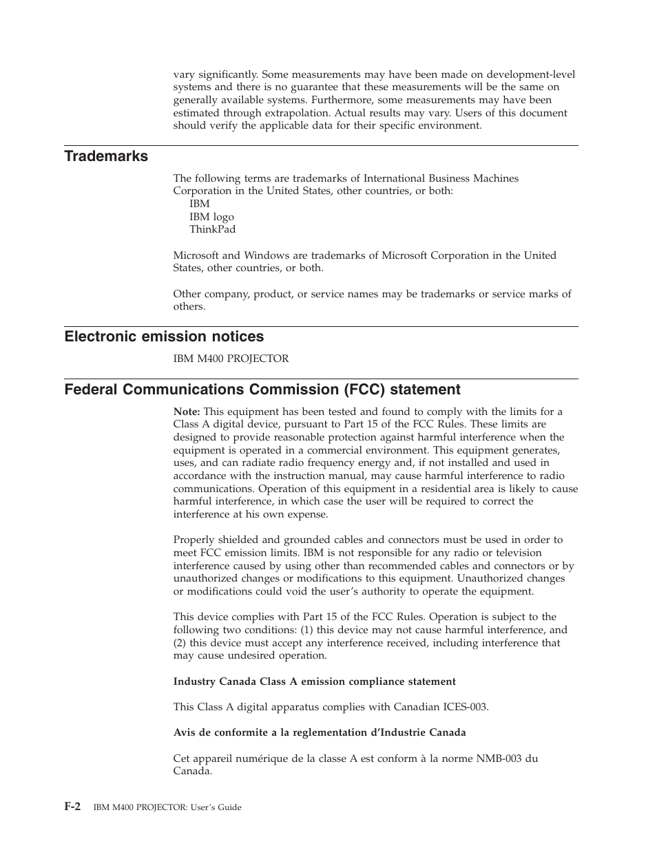 Trademarks, Electronic emission notices, Federal communications commission (fcc) statement | Electronic, Emission, Notices, Federal, Communications, Commission, Fcc) | IBM Partner Pavilion PROJECTOR M400 User Manual | Page 78 / 84