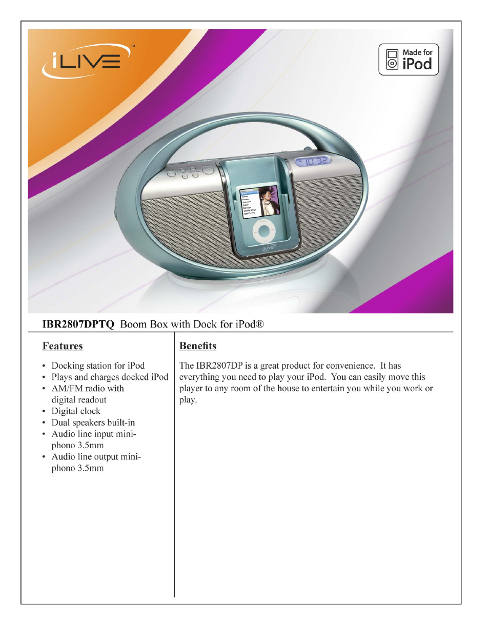 iLive Boom Box with Dock for iPod IBR2807DPTQ User Manual | 2 pages