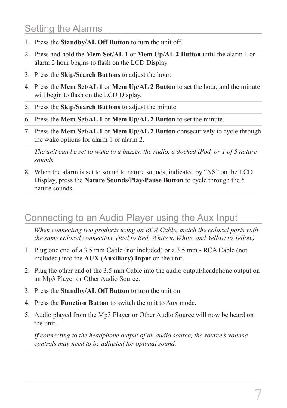 Connecting to an audio player using the aux input, Setting the alarms | iLive IC308B User Manual | Page 7 / 12