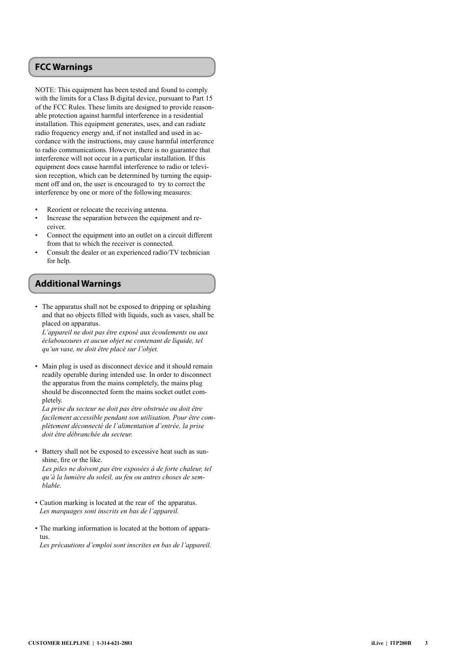 Fcc warnings additional warnings | iLive ITP280B User Manual | Page 3 / 16