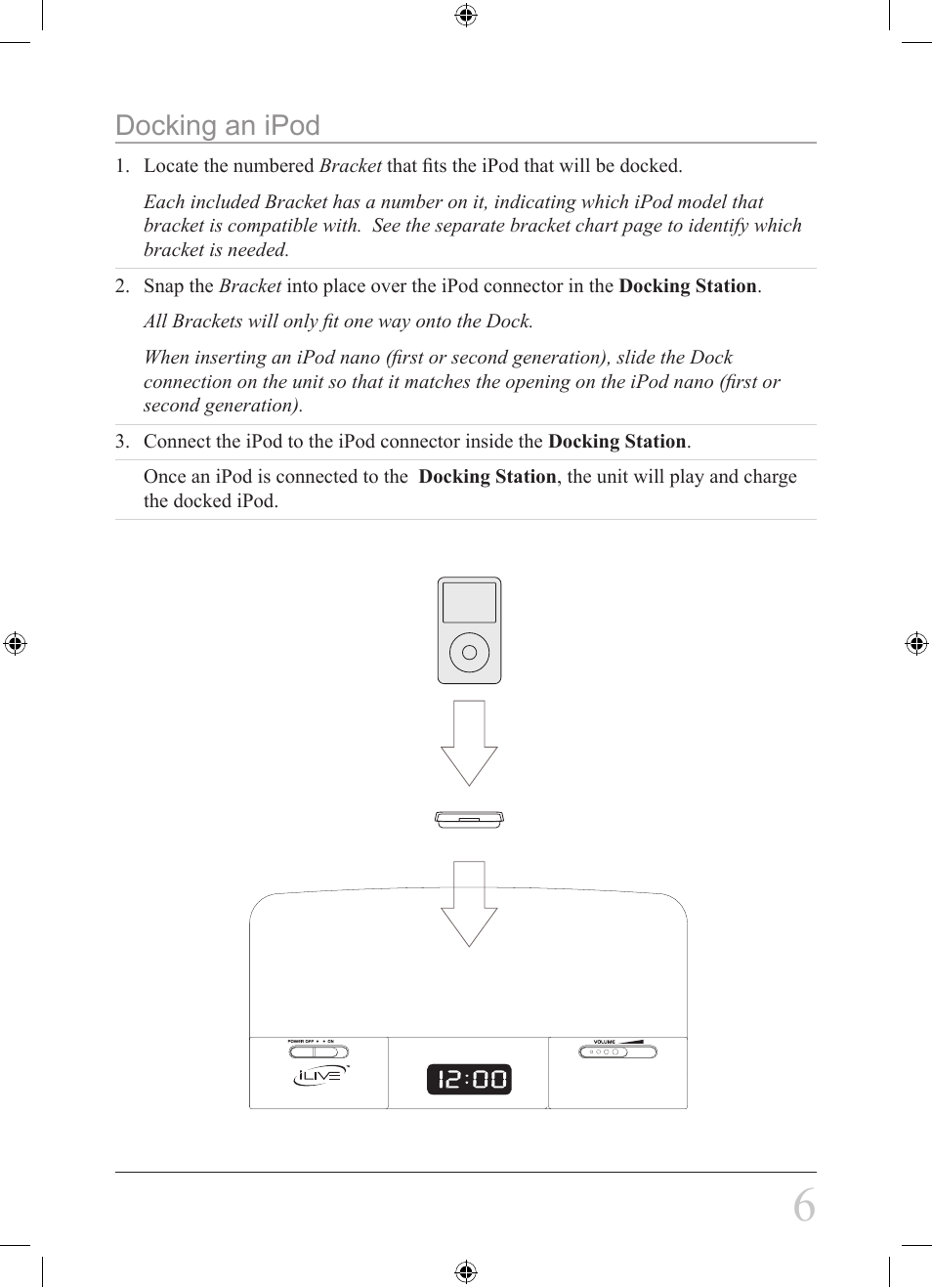 Docking an ipod | iLive IS108B User Manual | Page 6 / 12