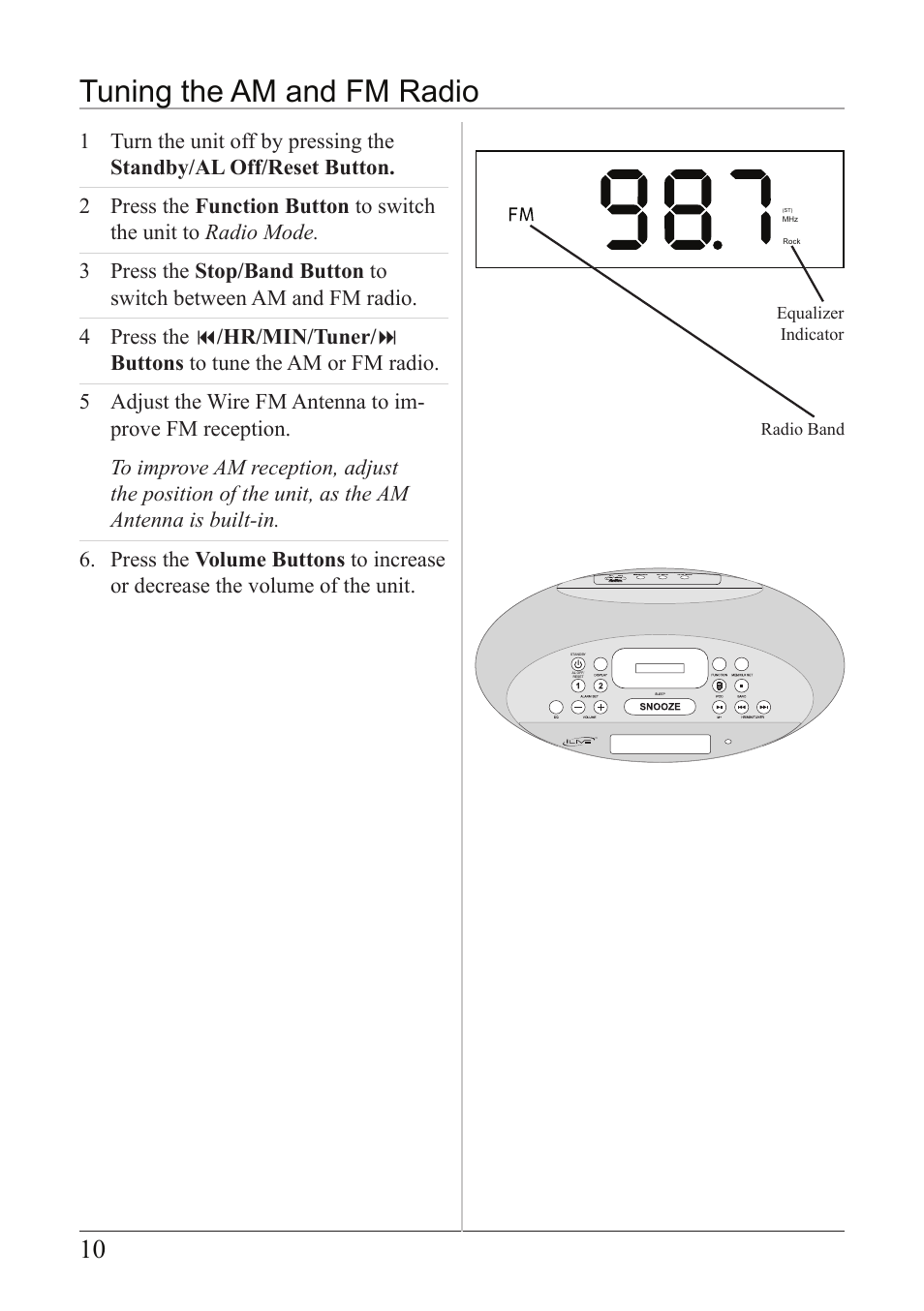 Tuning the am and fm radio | iLive IC638W User Manual | Page 10 / 20