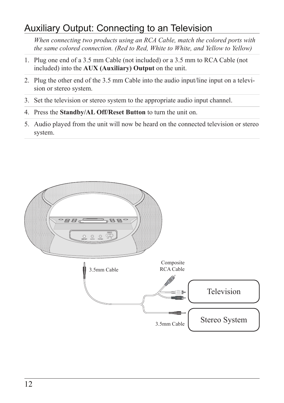 Auxiliary output: connecting to an television, Stereo system television | iLive IC638W User Manual | Page 12 / 20