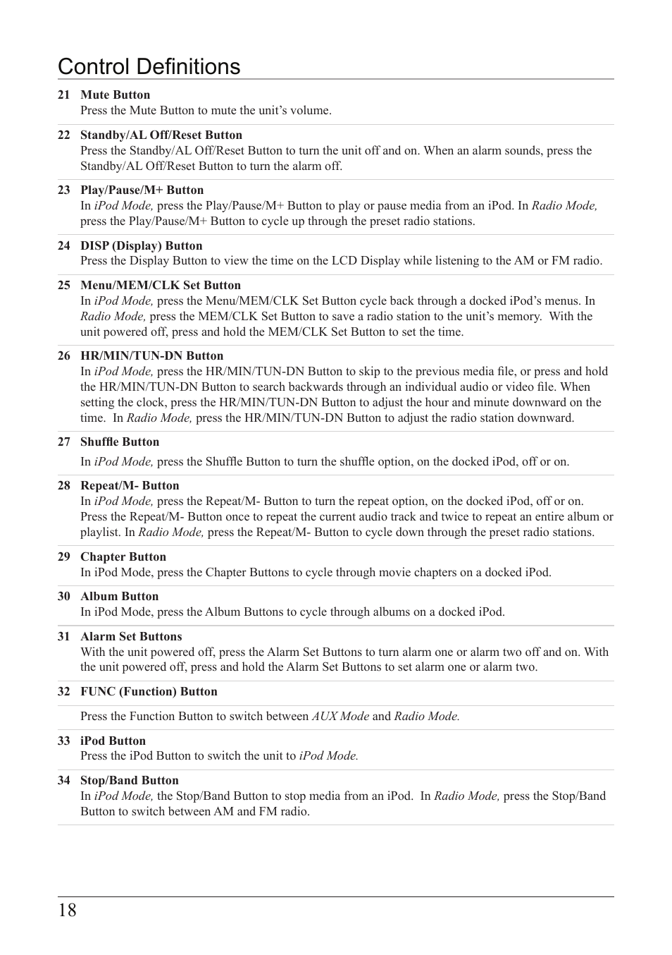 Control definitions | iLive IC638W User Manual | Page 18 / 20