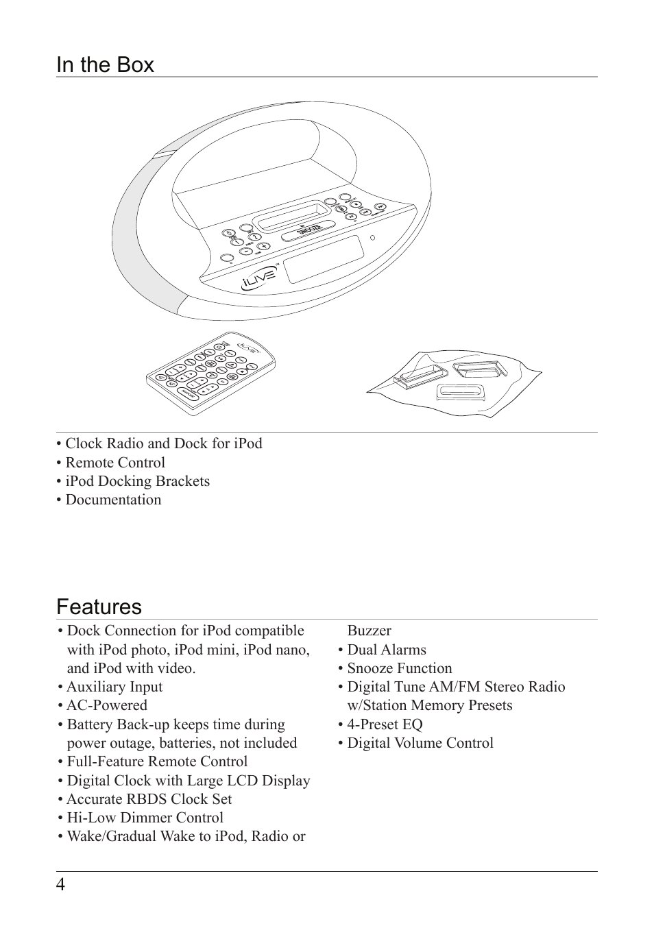 Features in the box | iLive IC638W User Manual | Page 4 / 20