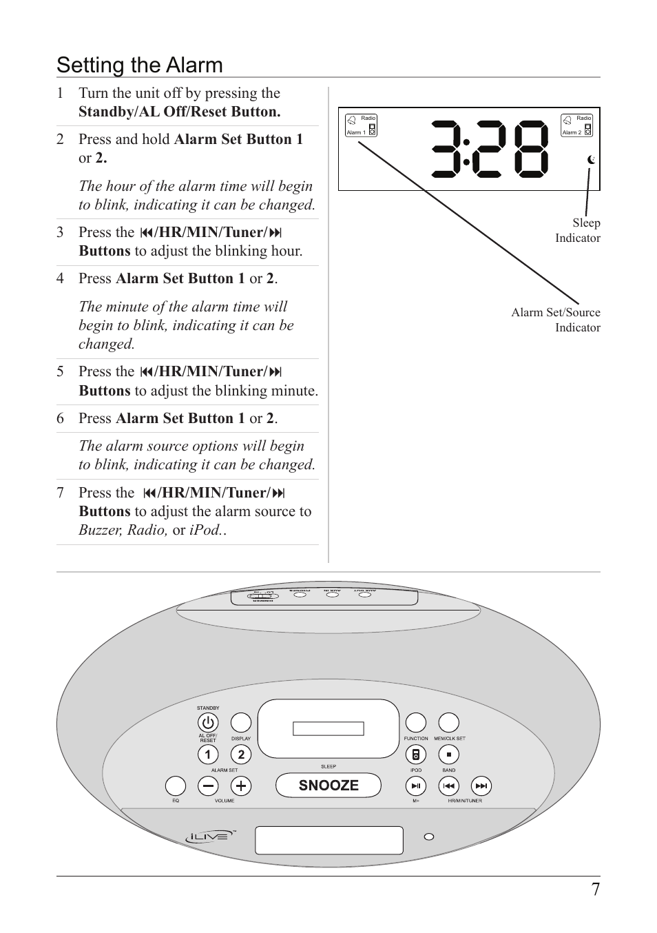 Setting the alarm | iLive IC638W User Manual | Page 7 / 20