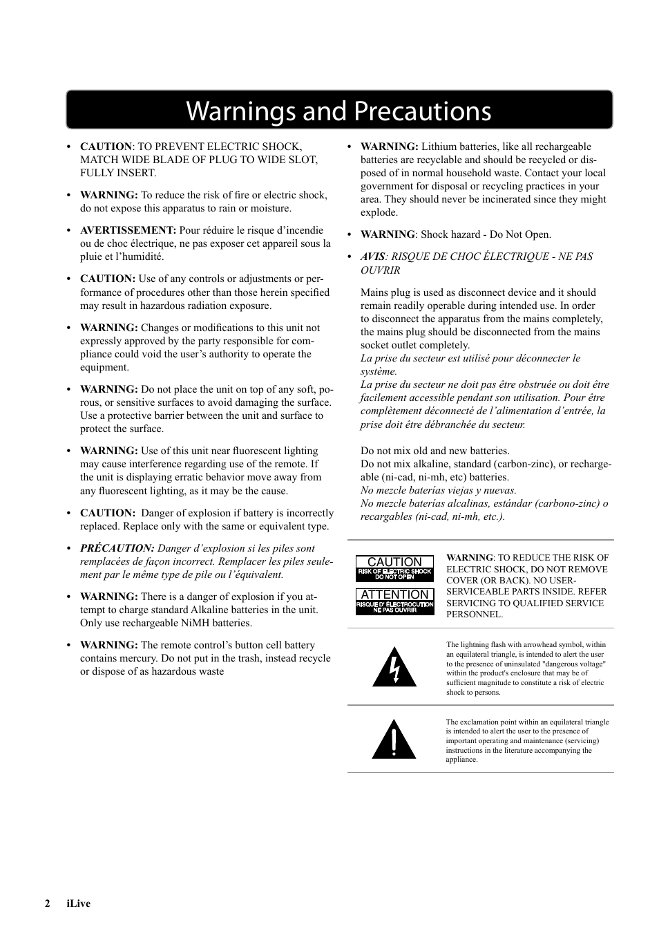 Warnings and precautions | iLive ITP100B User Manual | Page 2 / 12
