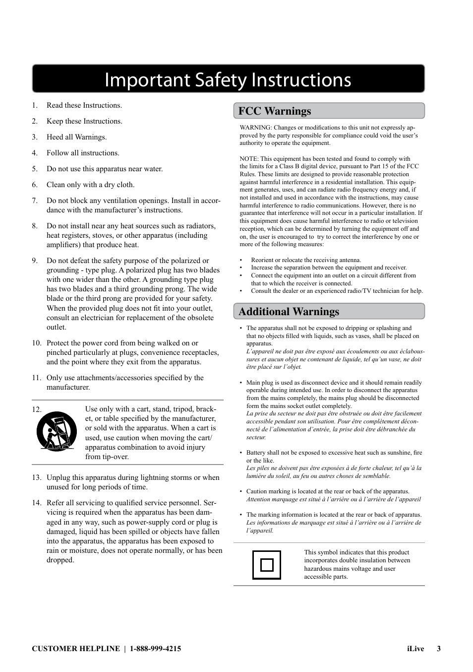 Important safety instructions, Fcc warnings additional warnings | iLive ITP100B User Manual | Page 3 / 12