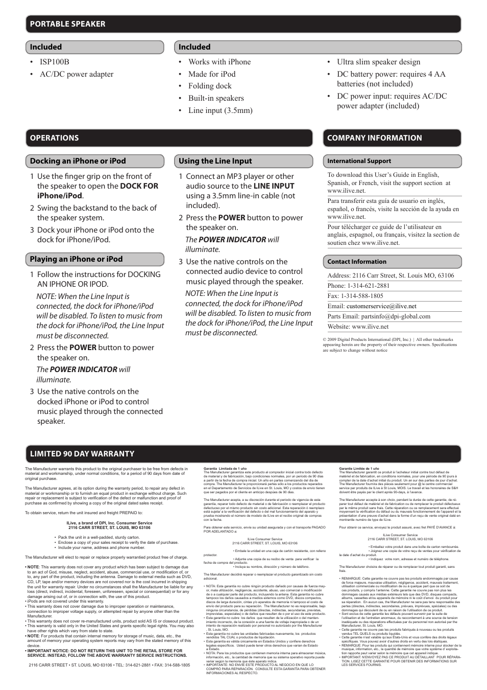 Included, Limited 90 day warranty | iLive ISP100B User Manual | Page 2 / 2