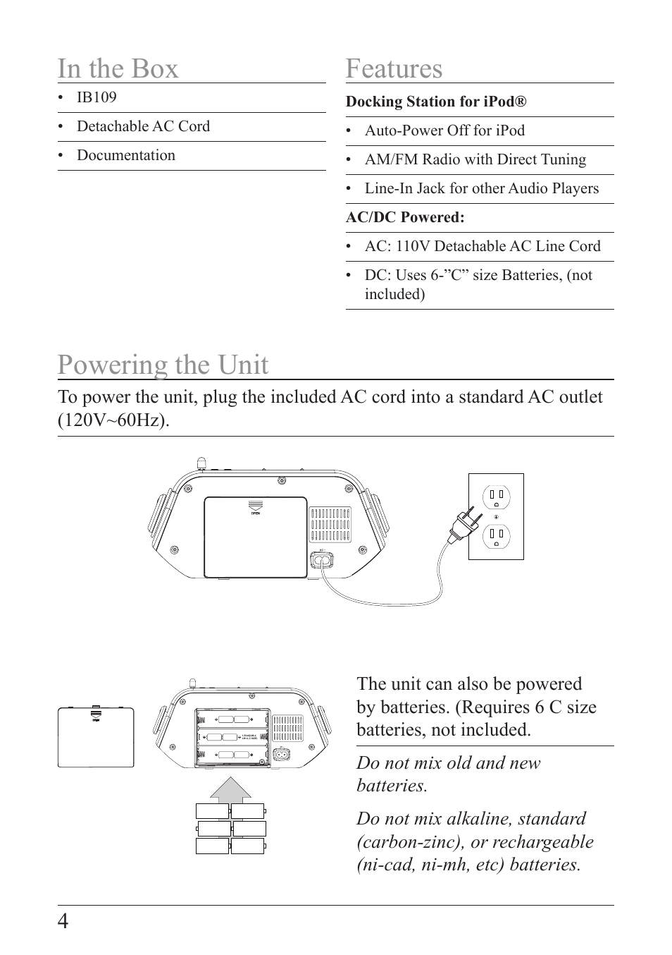 In the box, features, & powering the unit, Powering the unit in the box features | iLive IB109P User Manual | Page 4 / 8