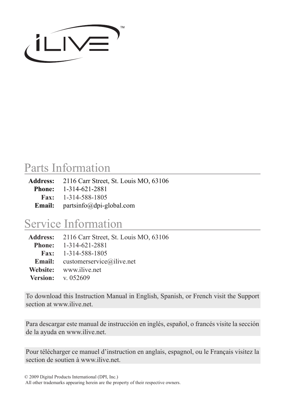 Parts & service information, Service information, Parts information | iLive IB109P User Manual | Page 8 / 8