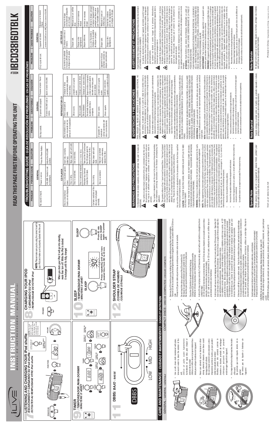 Ibcd3 816d tblk, Instruction manual, Read this p age first before opera ting the unit | Lo w mid high, Au x ip o d sh u ffl e, Au x ipod sh uffle, Shoulder strap, Troubleshooting guide, Care and maintenance, Timer | iLive IBCD3816DTBLK User Manual | Page 2 / 2