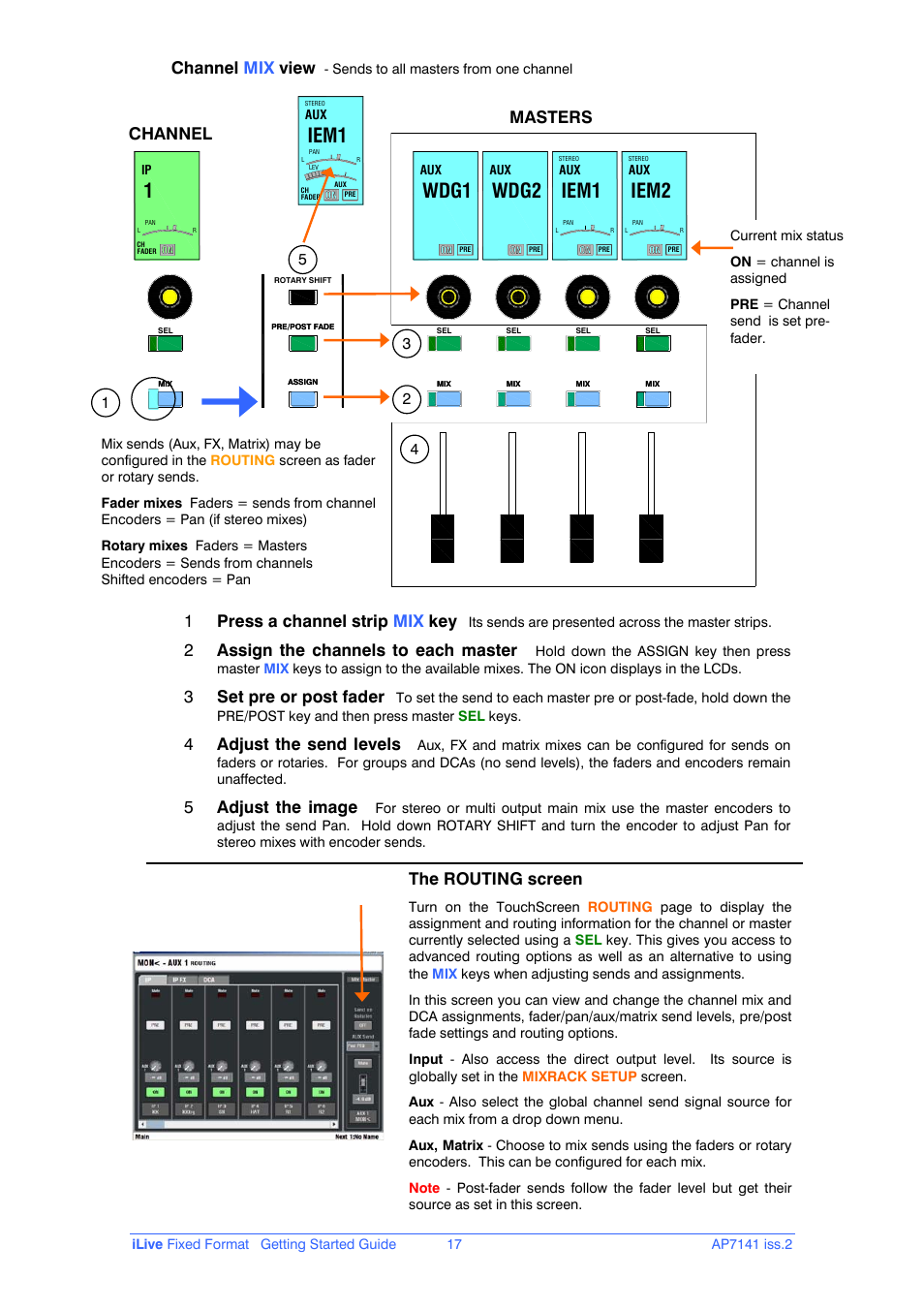 Wdg1, Wdg2, Iem1 | Iem2, Masters, Channel, Press a channel strip mix key, Assign the channels to each master, Set pre or post fader, Adjust the send levels | iLive AP7141 User Manual | Page 17 / 27