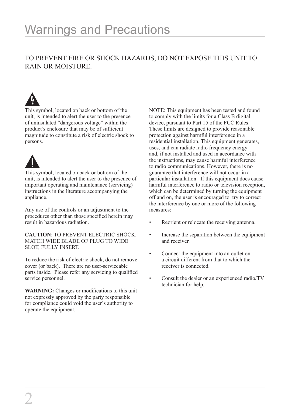 Warnings and precautions | iLive IBR2807DP User Manual | Page 2 / 8