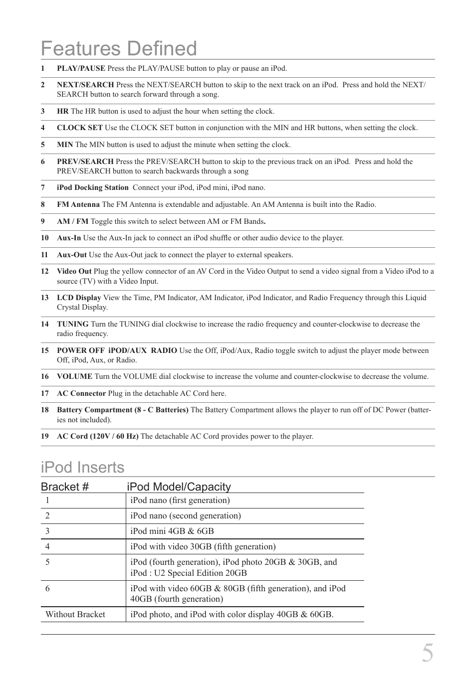 Features defined, Ipod inserts, Bracket # ipod model/capacity | iLive IBR2807DP User Manual | Page 5 / 8