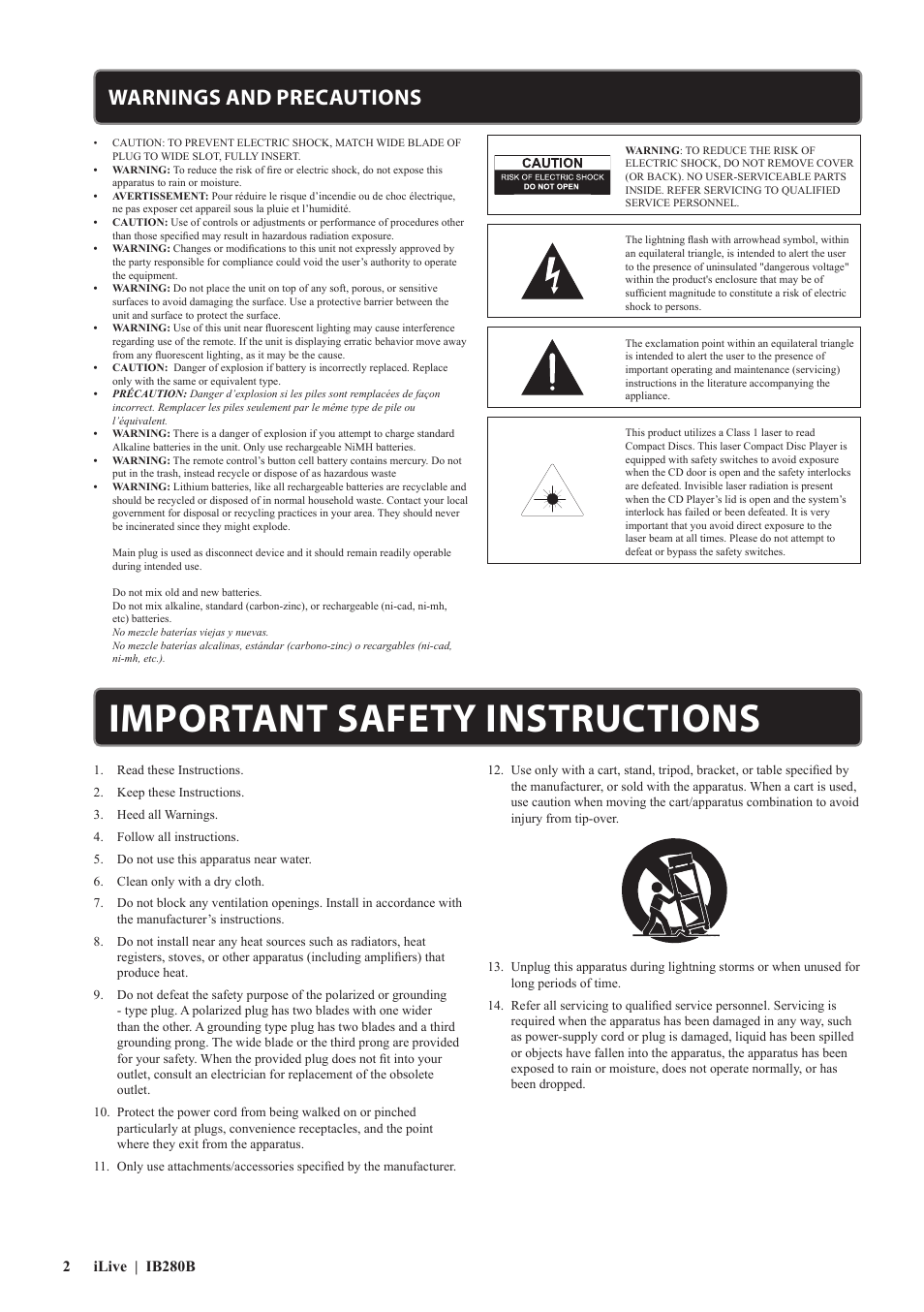 Important safety instructions, Warnings and precautions | iLive IB280B User Manual | Page 2 / 12