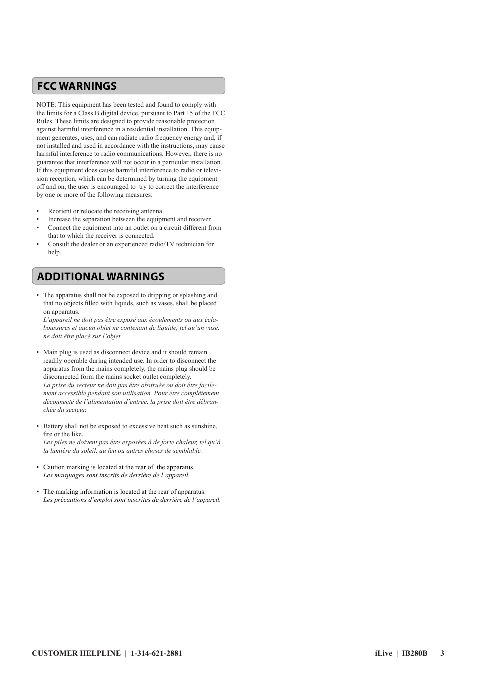 Fcc warnings additional warnings | iLive IB280B User Manual | Page 3 / 12