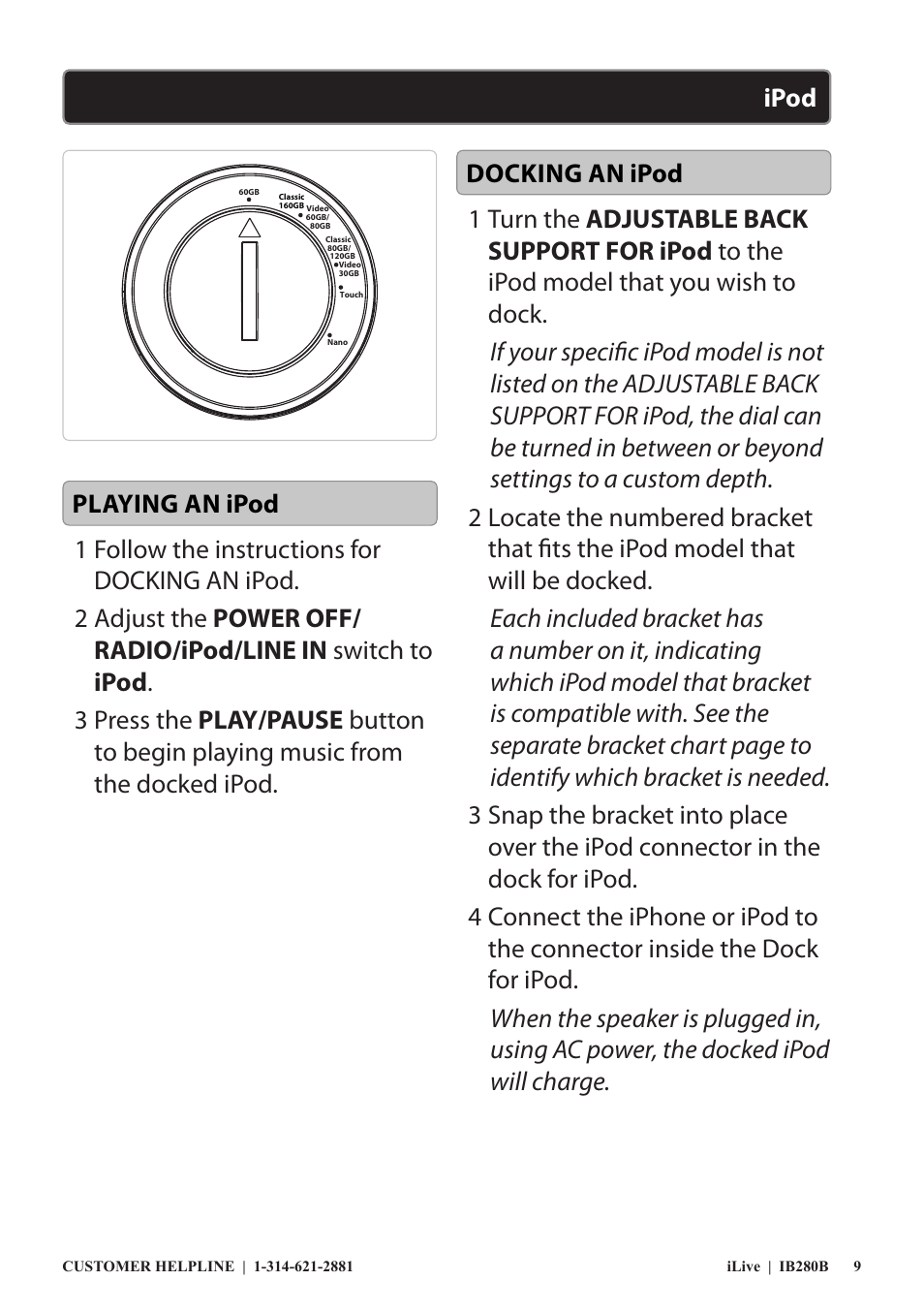 Ipod docking an ipod playing an ipod | iLive IB280B User Manual | Page 9 / 12