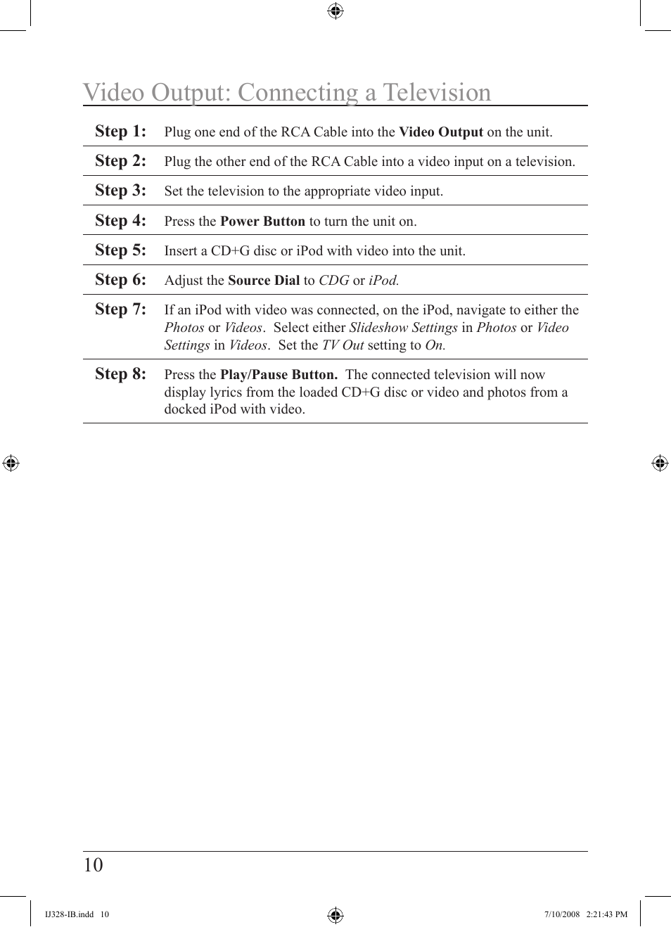 Video output: connecting a television | iLive IJ328-IB User Manual | Page 10 / 20