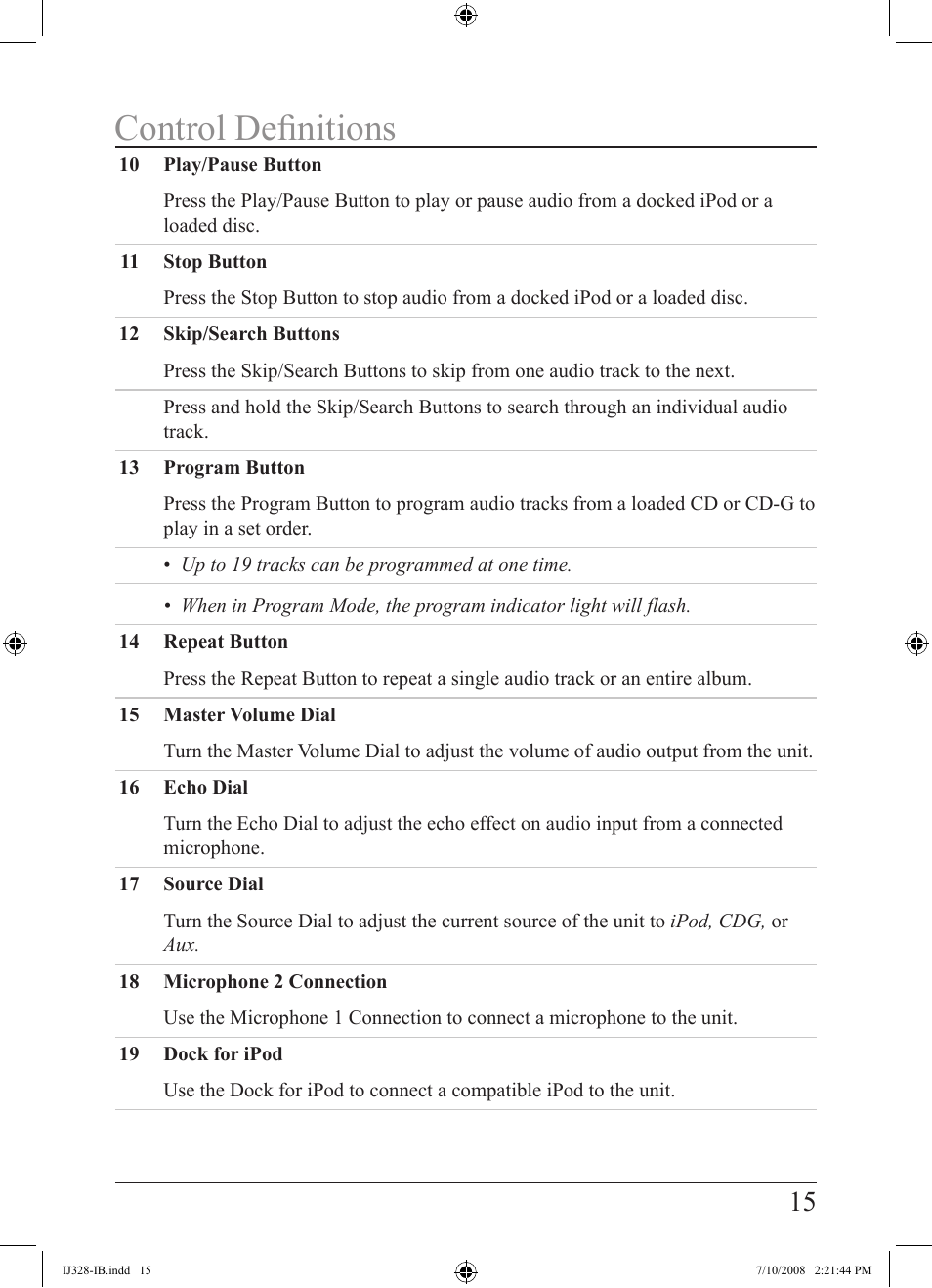 Control definitions | iLive IJ328-IB User Manual | Page 15 / 20