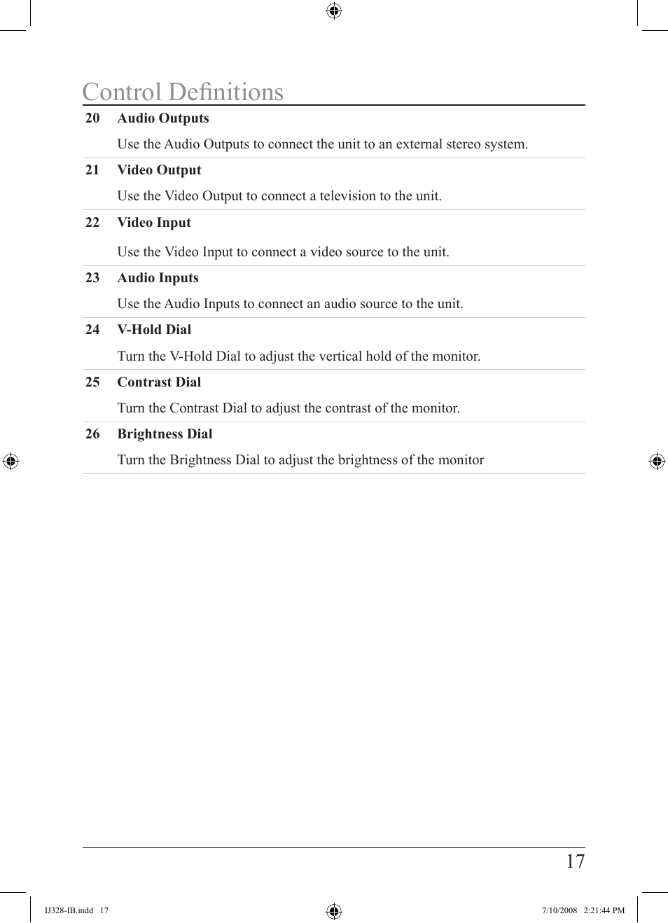 Control definitions | iLive IJ328-IB User Manual | Page 17 / 20