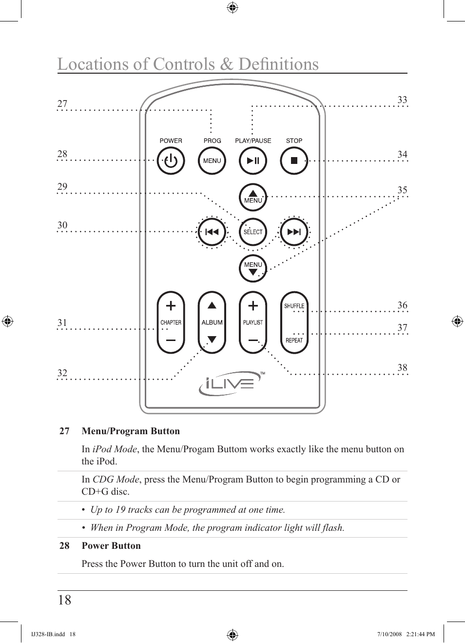 Locations of controls & definitions | iLive IJ328-IB User Manual | Page 18 / 20