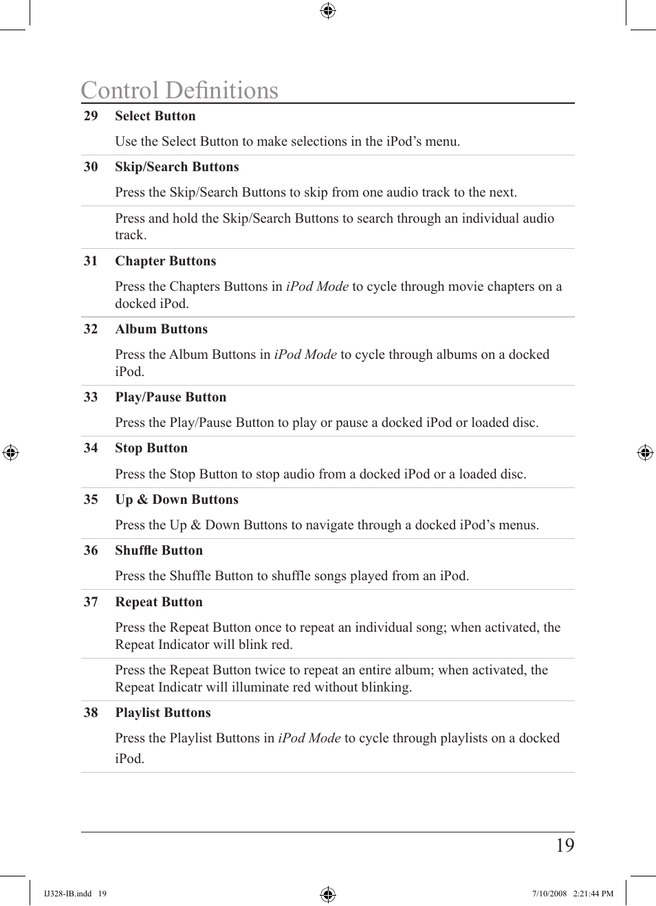 Control definitions | iLive IJ328-IB User Manual | Page 19 / 20