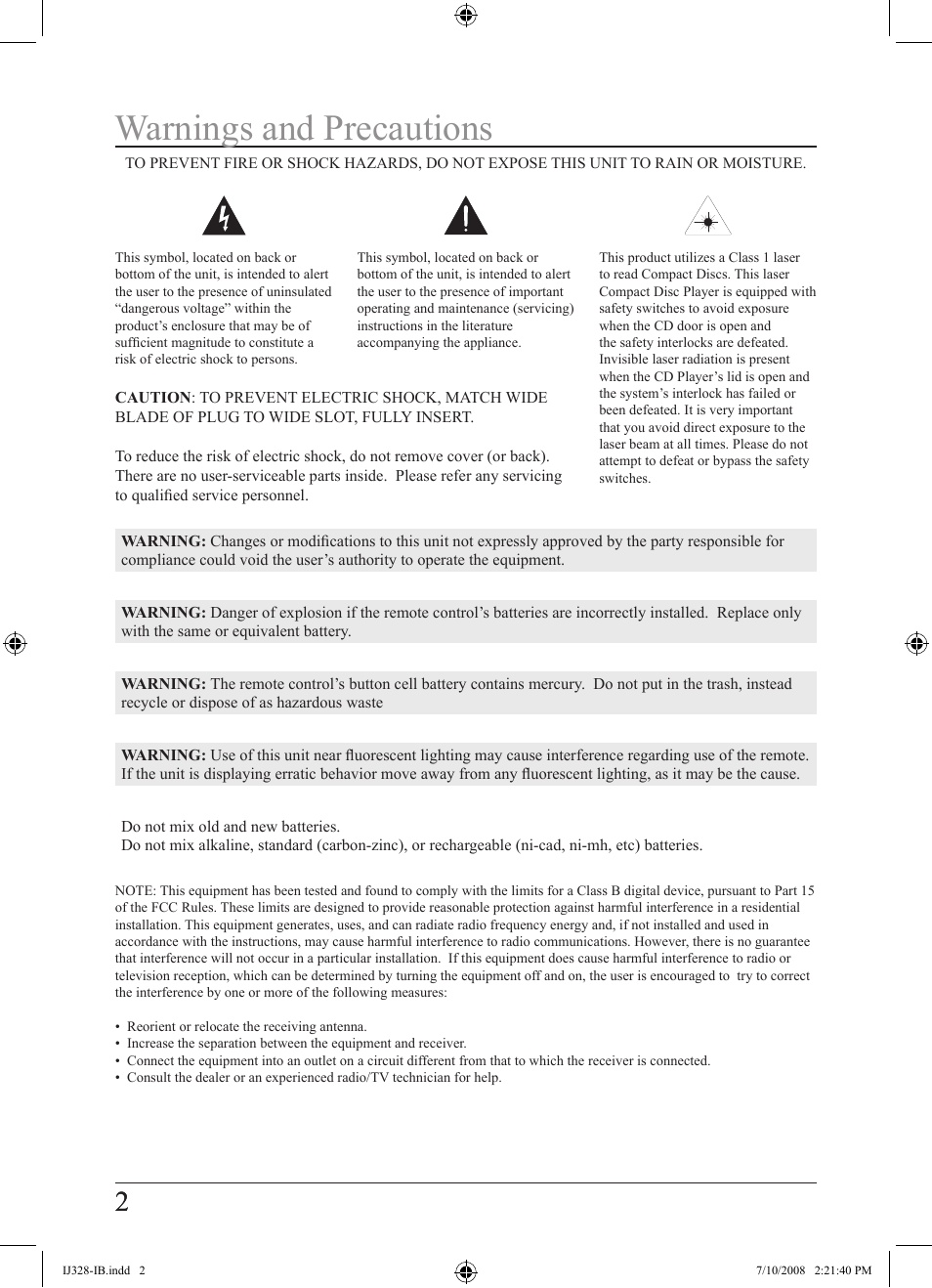 Warnings and precautions | iLive IJ328-IB User Manual | Page 2 / 20