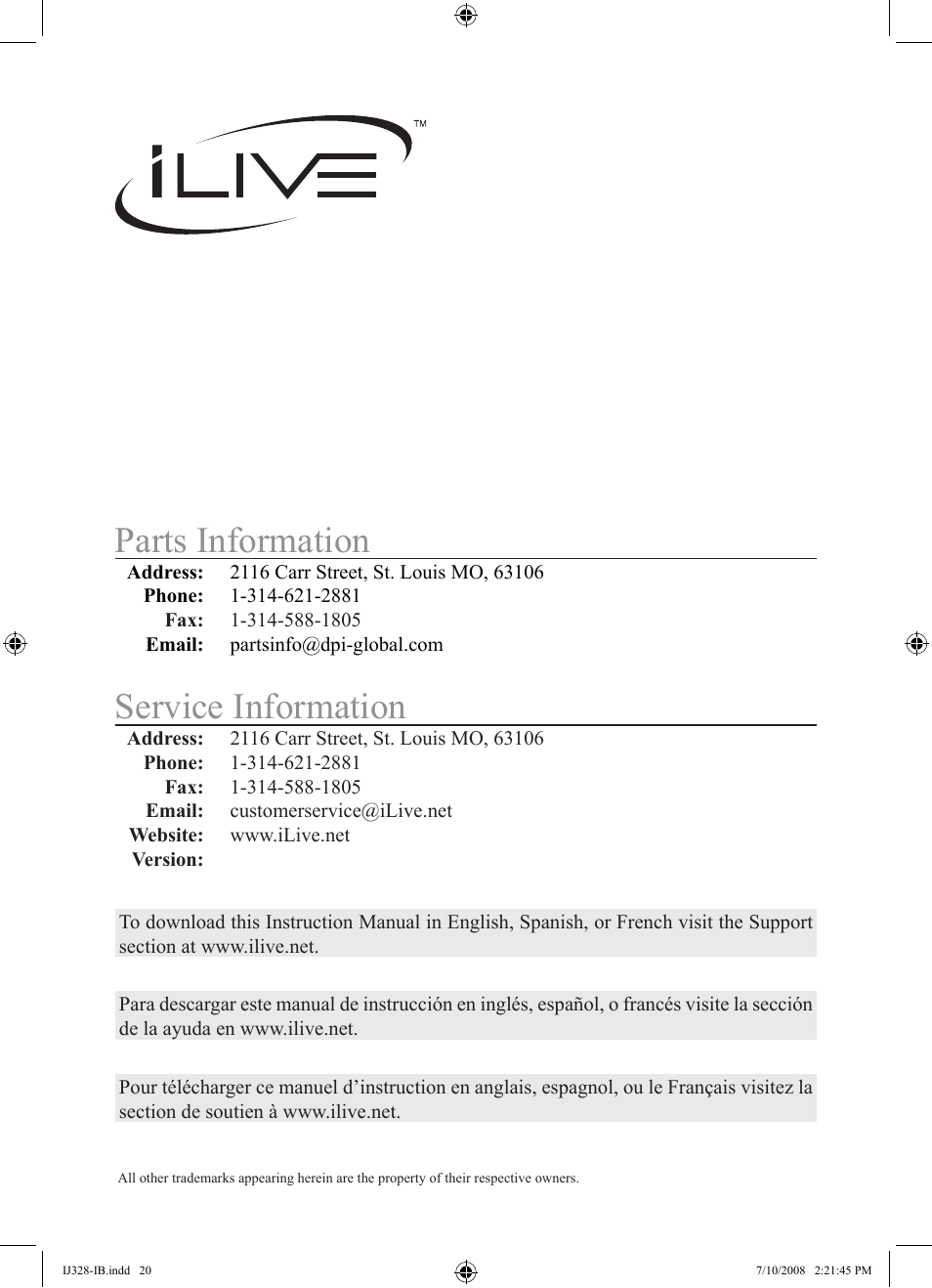 Service information, Parts information | iLive IJ328-IB User Manual | Page 20 / 20