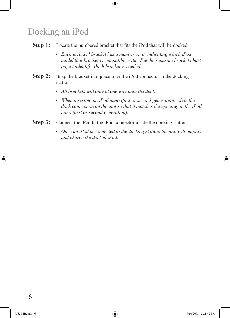 Docking an ipod | iLive IJ328-IB User Manual | Page 6 / 20