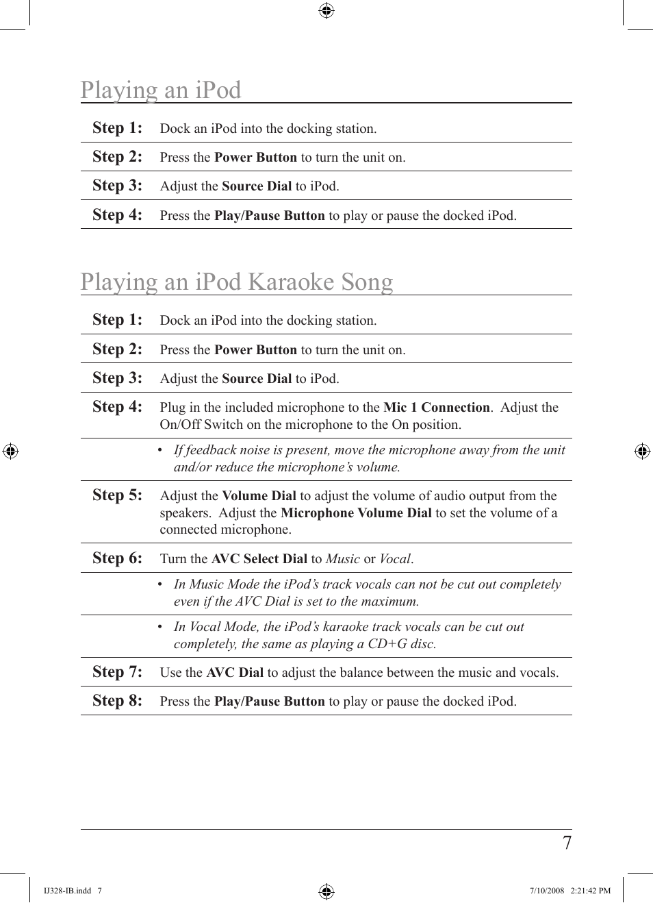 Playing an ipod playing an ipod karaoke song | iLive IJ328-IB User Manual | Page 7 / 20